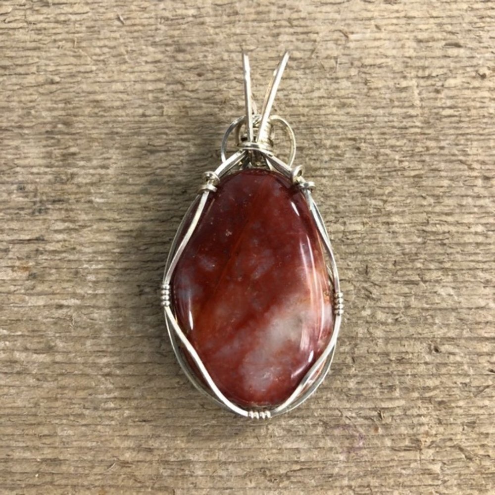 Red Marbled Agate Necklace Pendant Silver Wrapped